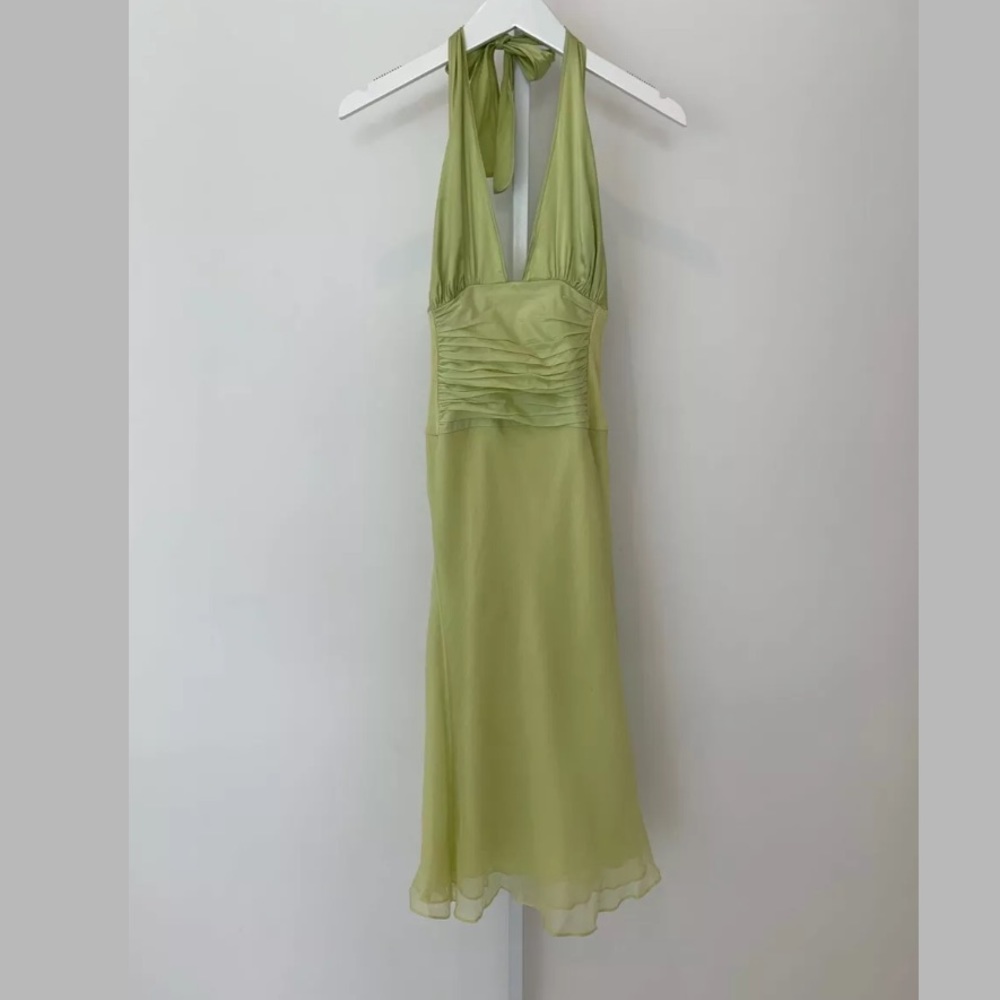 CATHERINE MALANDRINO GREEN SILK HALTER DRESS SIZE US 2